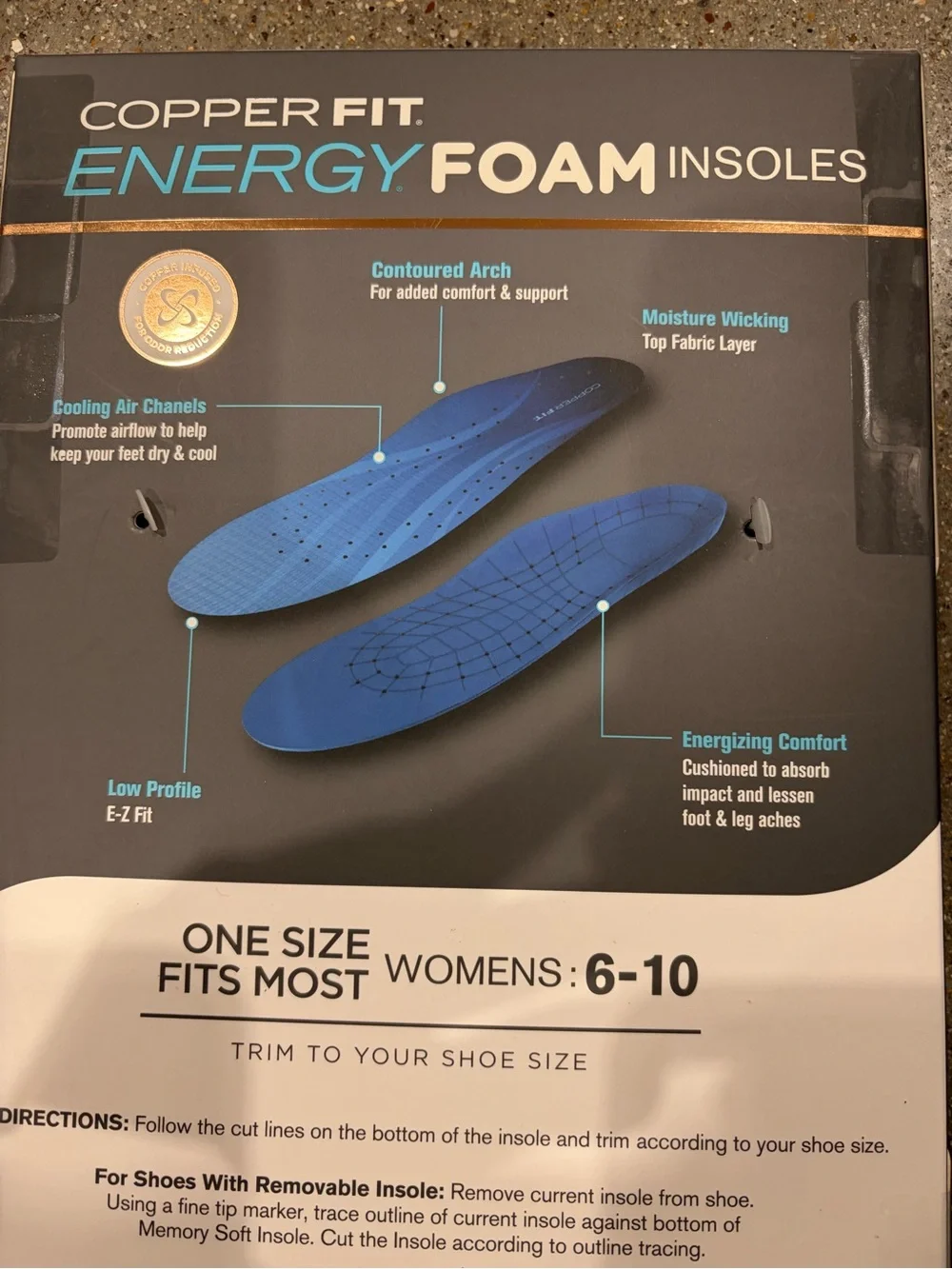 Copper Fit Energy Foam Insoles - Blue women’s comfort support 2 pairs